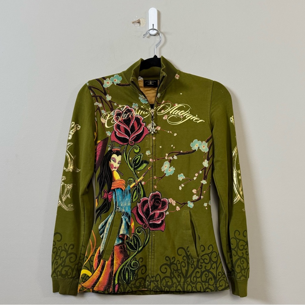 Christian Audigier Olive Green Floral Graphic Zip-Front Hoodie